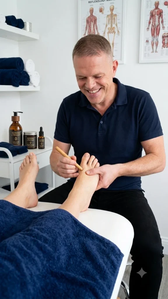 Male carrying out a reflexology foot therapy